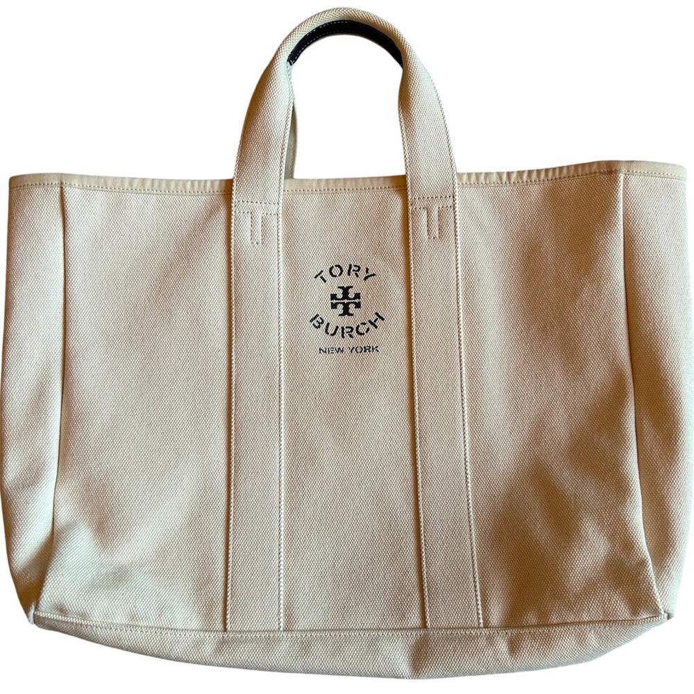Tory Burch Ella Canvas Tote Women Large Beige Logo Beach Travel Bag